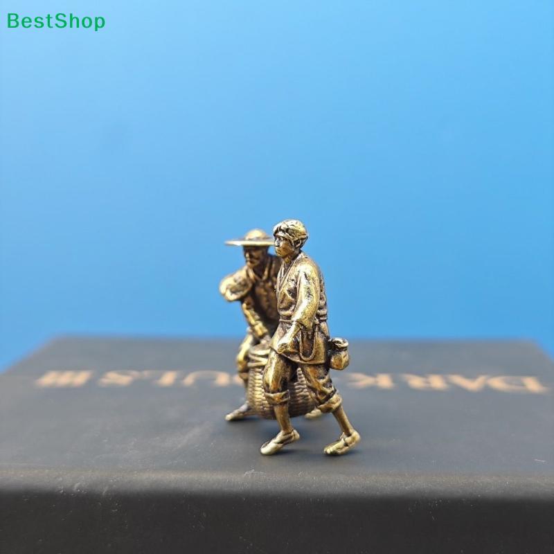 Vintage Brass Mini Farmer Figurine, Two Men Carrying Basket Statue for Bonsai Micro Landscape Ornament