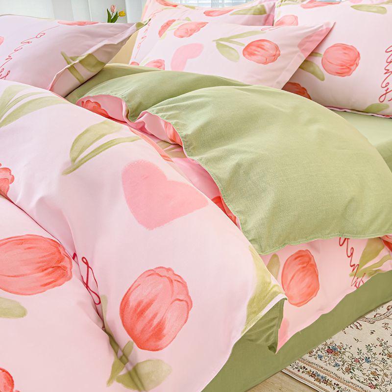 Simple Class A Washed Cotton Four-piece Bedding Set Princess Style Printed Quilt Cover Dormitory Bed Sheet Three-piece Quilt Cover
