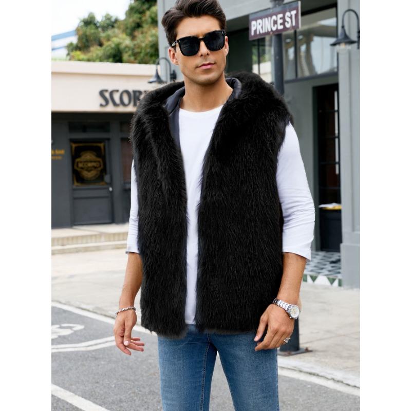 Herrväst med huva i randigt fuskpäls Varm Ärmlös Casual Väst