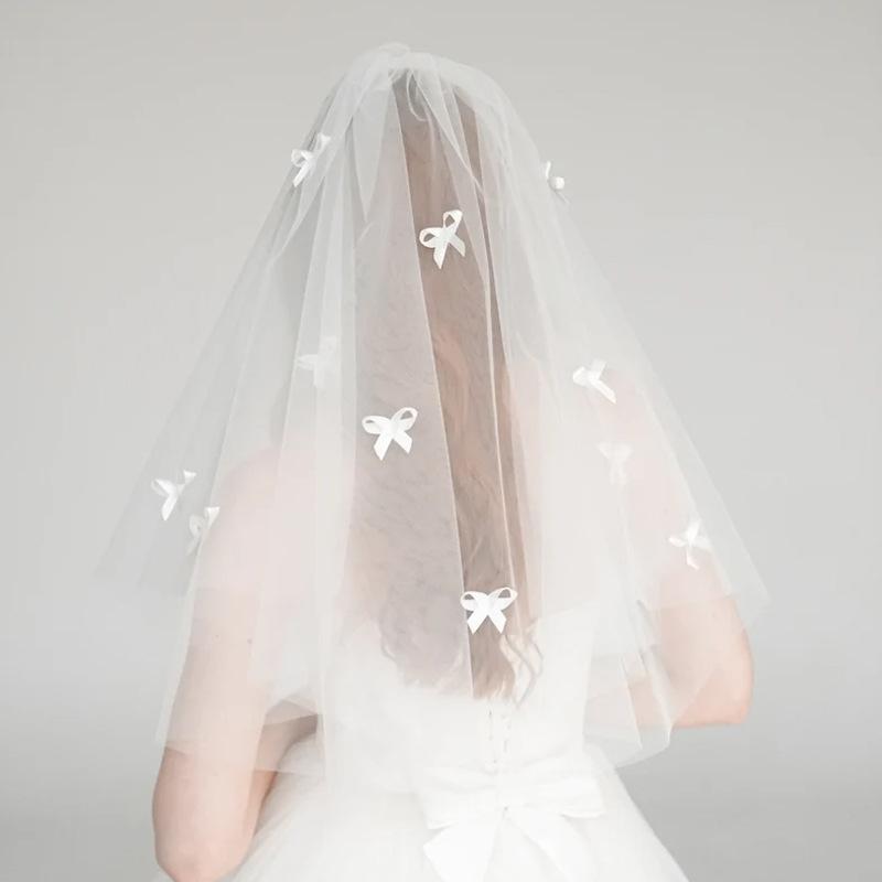 Elegant White Tulle Wedding Veil With Scattered Bowknot Soft Bridal Accessory With Easy Attach Comb for Women Girls