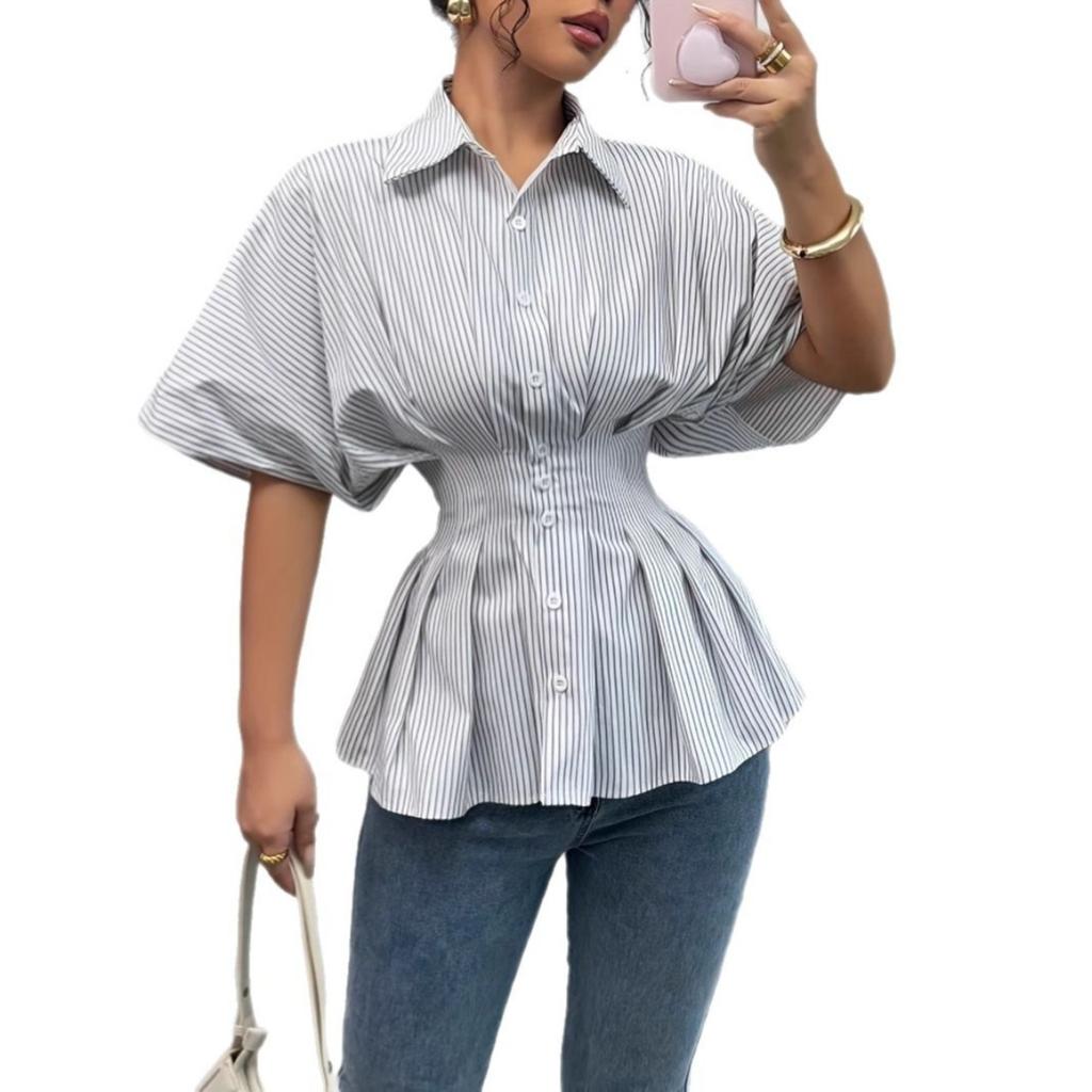 Spring Summer Women's Fashion Striped Shirt Casual Versatile Blouse Top European American Cross-Border