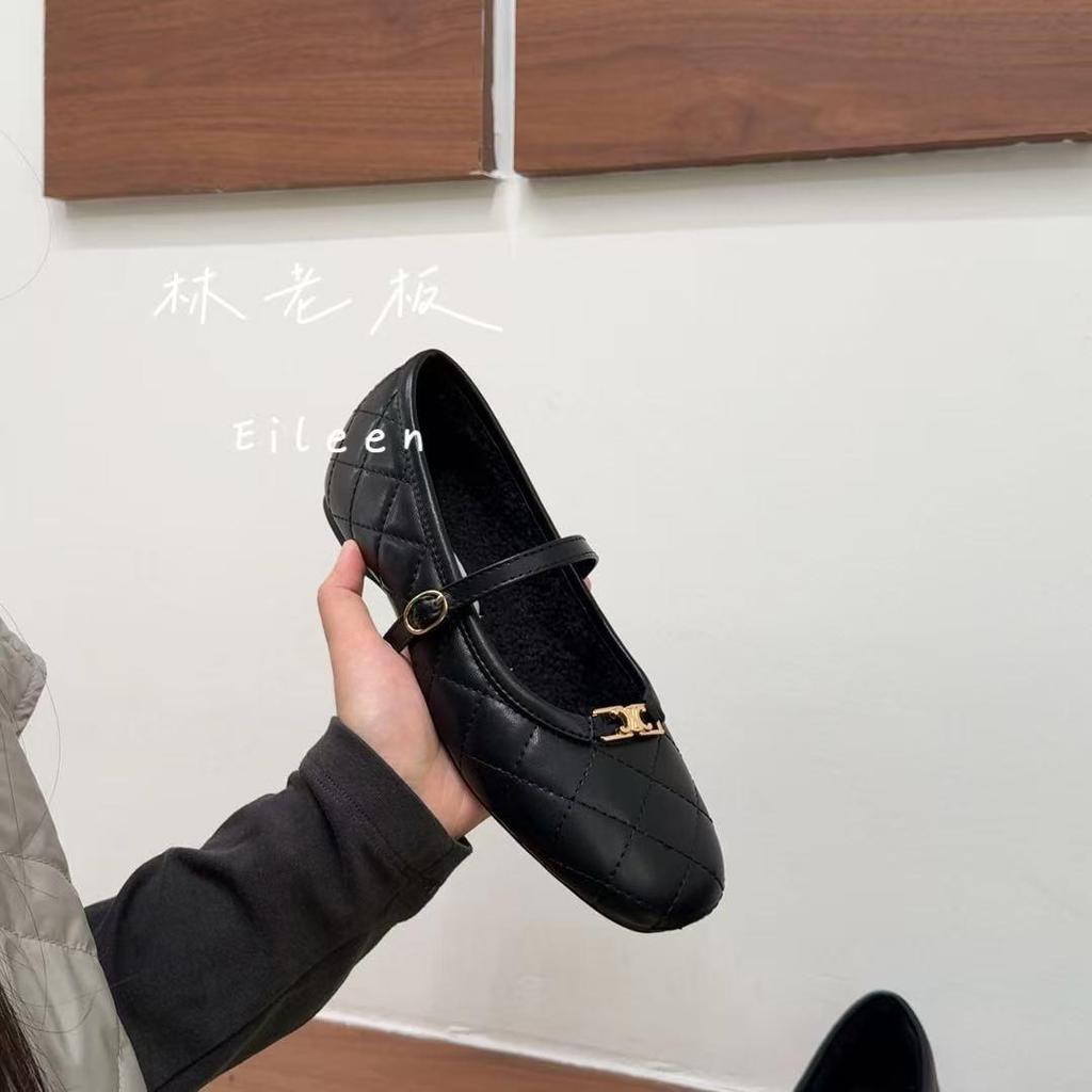 Xiaoxiangfeng inner height increase, fleece lamb wool stitching plaid Mary Jane explosion, one pedal ballet shoes