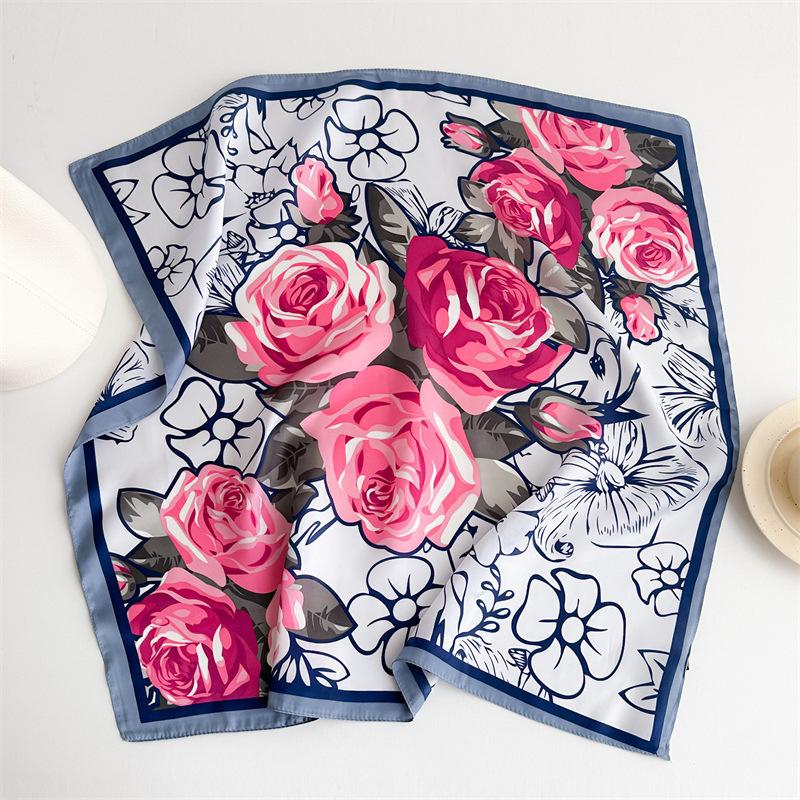 Summer new rose printing silk scarf simulation silk 71cm square scarf simple scarf sun protection professional scarf women