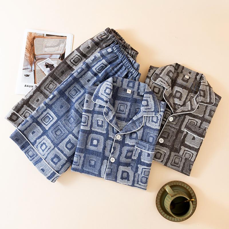 2026 New Summer Men's Pajama Set 100% Cotton Thin Jacquard Exquisite Short Sleeve Shorts Two Piece Set Loose Large Home Clothes