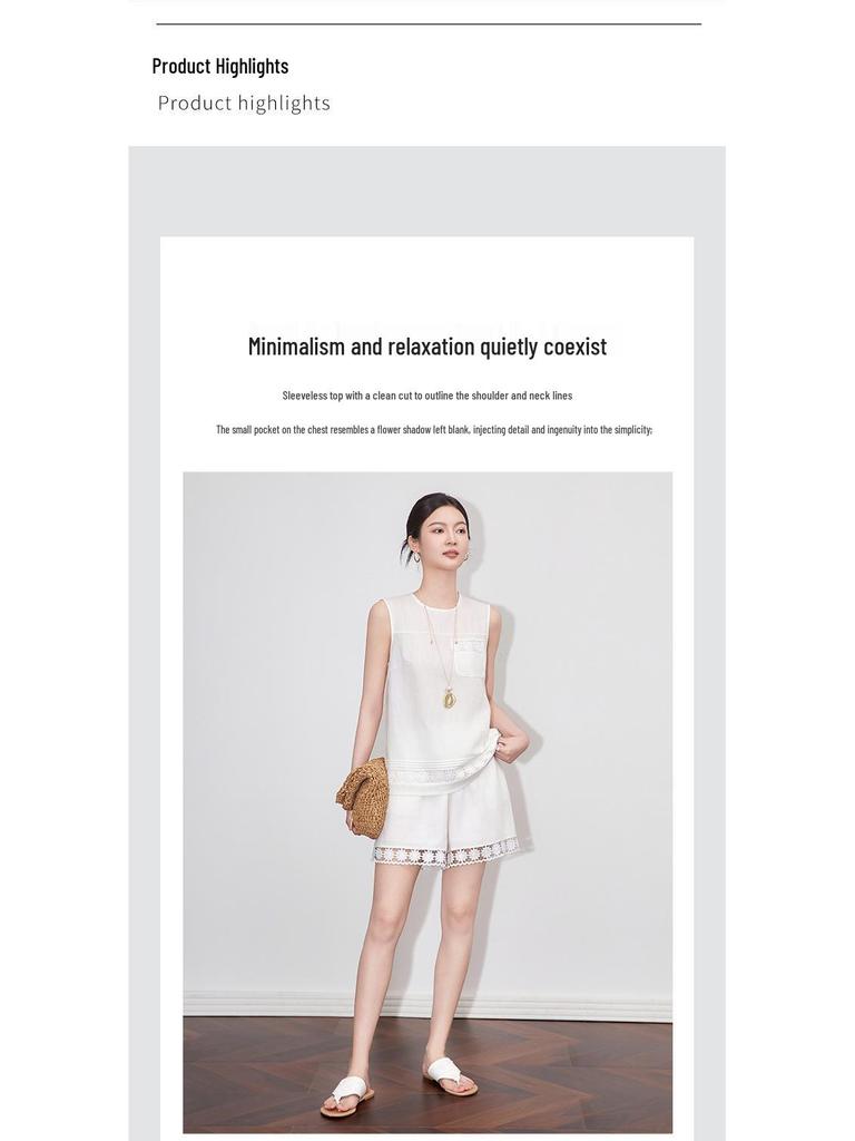 Linen Sleeveless Lace Top & 3D Embroidered Sunflower Shorts Set for Women