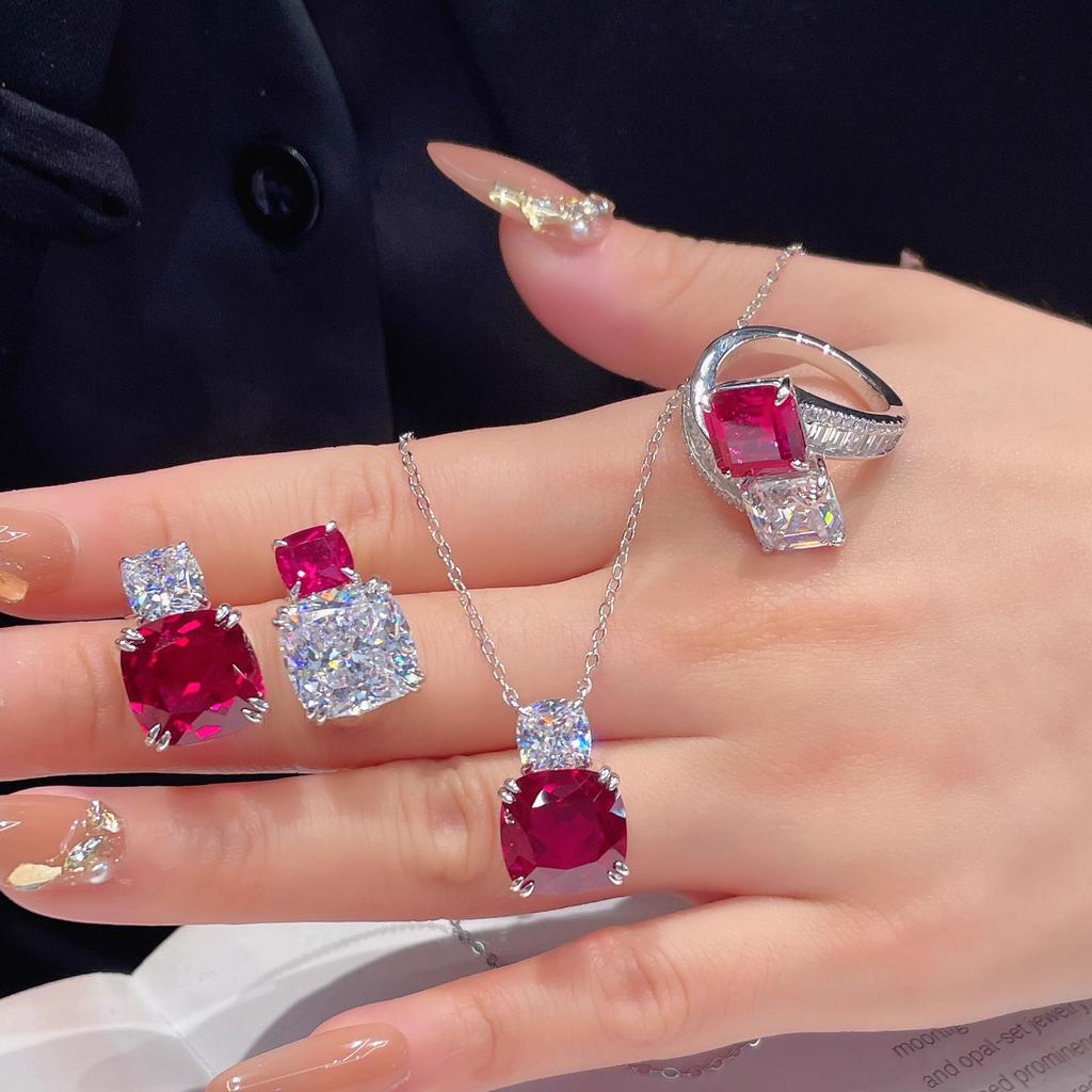 Light Luxury Red Corundum Pendant Necklace Fashion Dinner Cultivation Synthetic Ruby Set Color Treasure Earrings Ab Ring