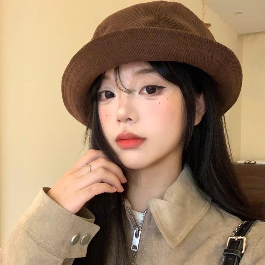 Korea 2025 A/W Coffee Color Japanese Style Women's Fisherman Fedora Hat for Large Heads, Slimming Effect, Rich Girl Style