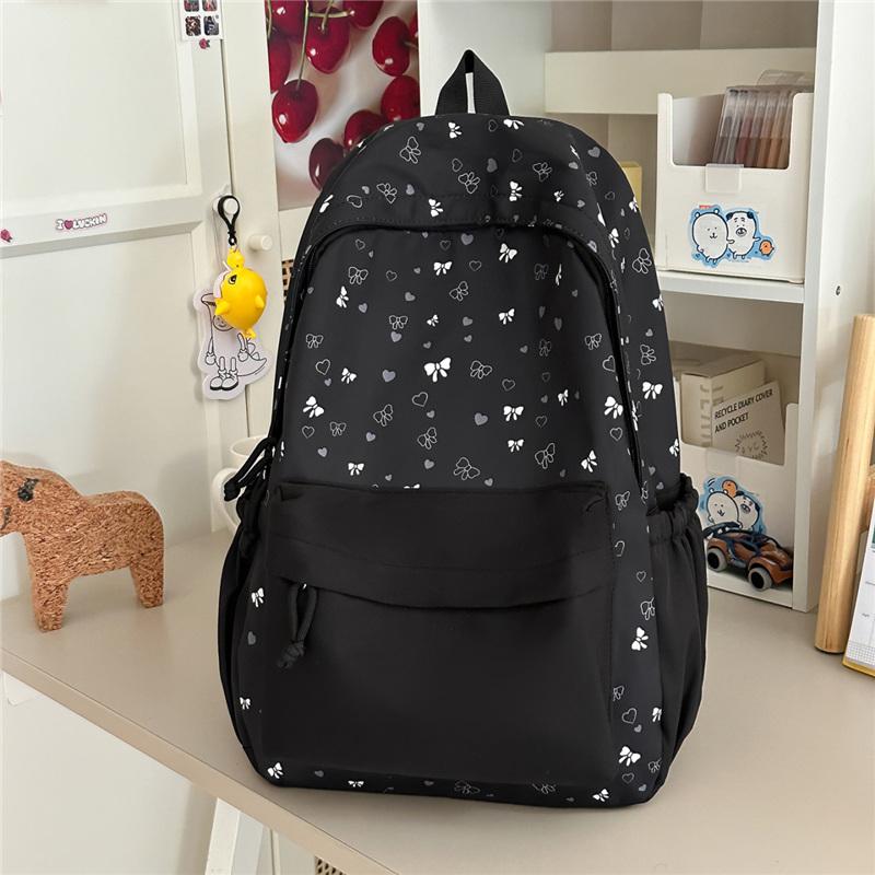 Cute Heart and Bow Print School Backpack with Front Pocket Top Handle Casual Daypack for Girls Students