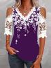 Women's Black Off-Shoulder V-Neck Top with Lace Trim and Floral Print