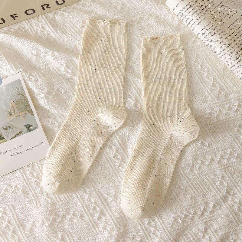 Pointed Yarn Pile Socks - Children's Autumn and Winter Embroidered Bow Tie Mid-calf Socks, Trendy and Versatile Lace Long Socks