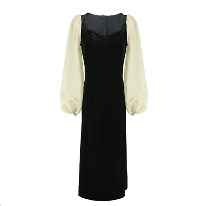 Hepburn Style Small Black Dress Women's Autumn and Winter French Retro Lantern Sleeves Medium Long High Waist and Thin Square Neck Velvet Dress