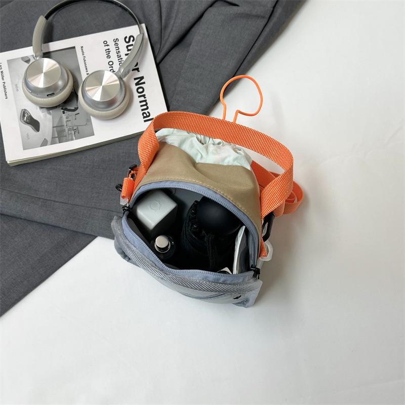 Color‑Block Drawstring Bucket Crossbody Bag, Nylon Sport Mini Handbag, Mountain Patch Decor, Detachable Adjustable Strap, Outdoor Casual Shoulder