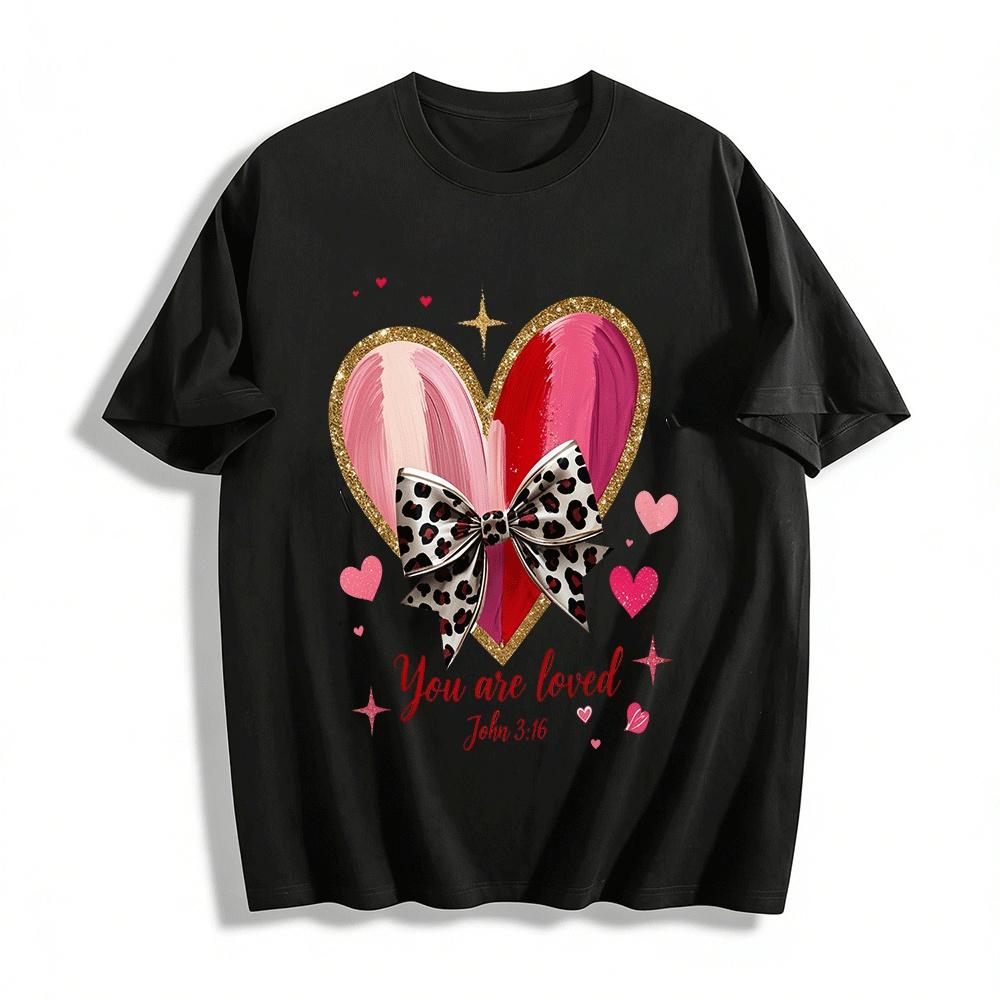 John 3:16 You Are Loved Leopard Bow Heart Print Casual Tee Pure cotton T-shirt XXS