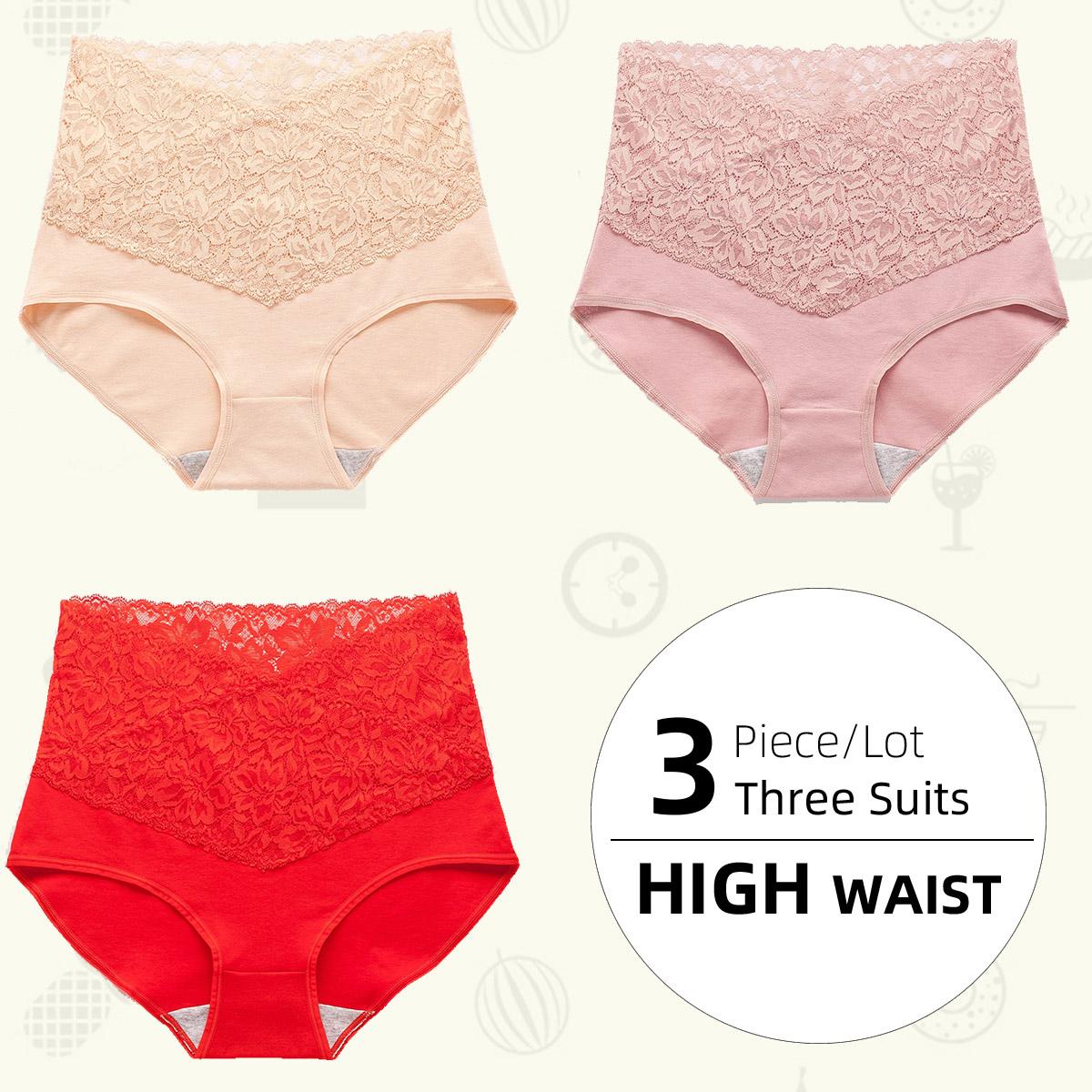 

3 шт./лот Жіночі трусики з високою посадкою та мереживом, ластовиця з чистої бавовни, трусики-сліпи, непромокальні спереду та ззаду, жіноча білизна 3XL