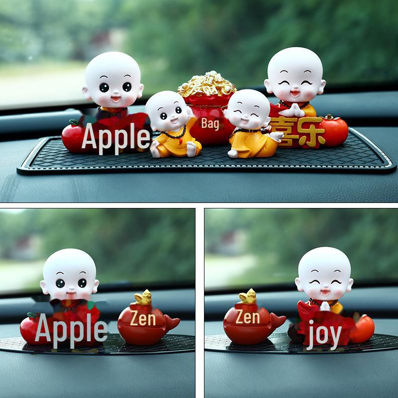 Creative Little Monk Maitreya Buddha Car Ornament: Cute, Shaking Head Resin Doll for Car Interior Decoration and Safety.
