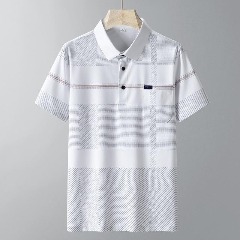 Summer New Men'S Shirt Short-Sleeved Ice Silk Pearl Breathable Lapel For Middle-Aged And Elderly Men'S Versatile Lapel Polo Shirt