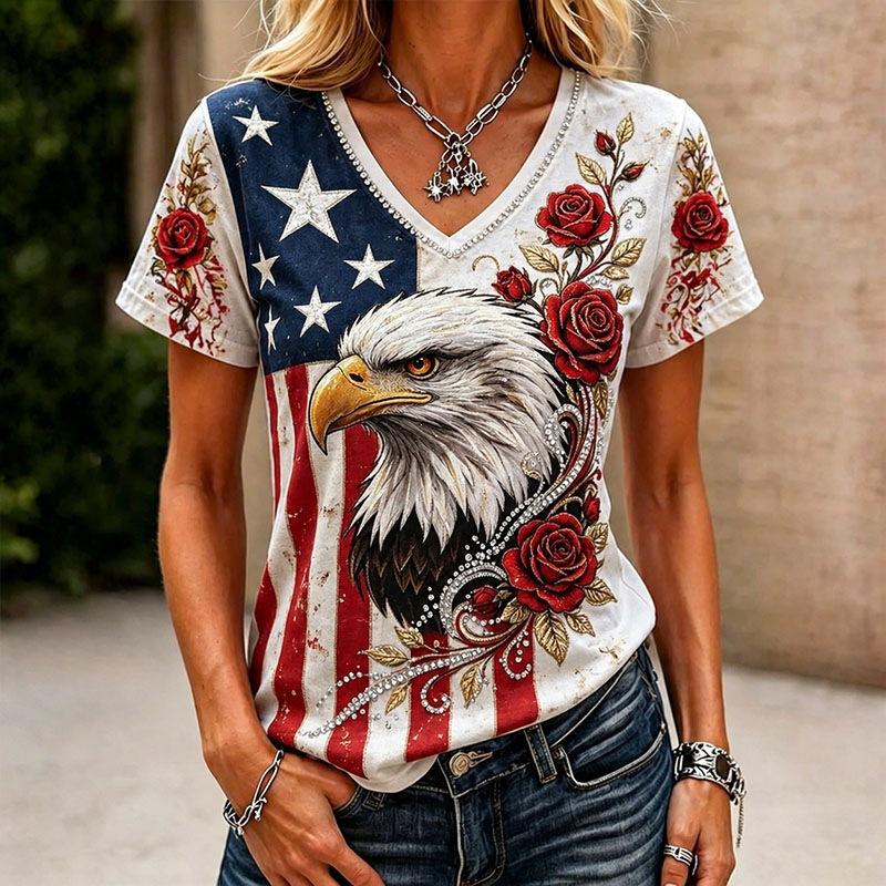 European and American Style Women's Clothing Casual V-neck Short-sleeved T-shirt D Digital Printing Source Wholesale