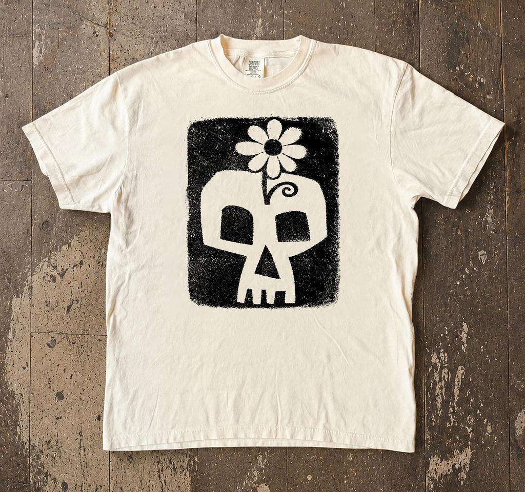 Silly Skull T-Shirt, Funny Flower Skull Graphic Tee, Gift For Her, Retro Cartoon Goth Shirt, Cute Spooky 90s Halloween Costume Tee
