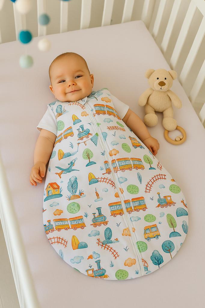 Cotton Rounded Sleeping Bag for Children S 0-6 Months Summer TOG 1.0 - Turquoise Train