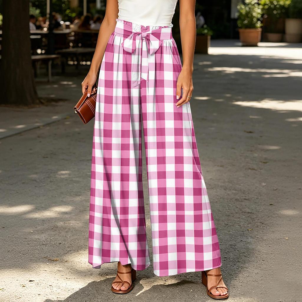 Women's High Waist Wide Leg Pants with Striped Plaid Print Casual Loose Fit Trousers with Tie Belt and Pockets for Everyday Wear