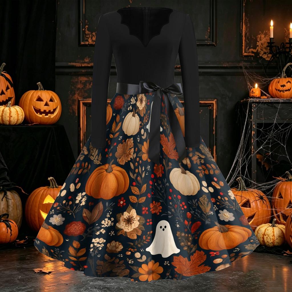 Women's Casual Long Sleeve V Neck Vintage Dress Halloween Print A Line Midi Dress with Waist Tie Belt for Everyday Wear