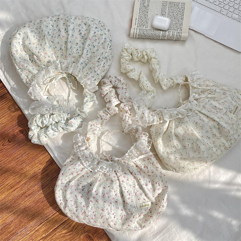 Floral Pleated Shoulder Strap Lace Bow Literary Rose Handbag Commuter Underarm Bag Messenger Bag