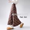 Women's Brown Plaid A-Line Skirt - High Waist, Slim Fit, Plus Velvet, Mid-Length Woolen for Spring, Autumn, Winter 2026.