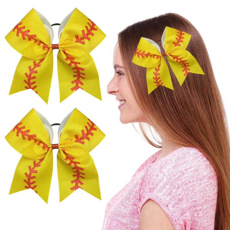 Yellow Glitter Edge Baseball Print Hair Bow Accessory with Hair Tie