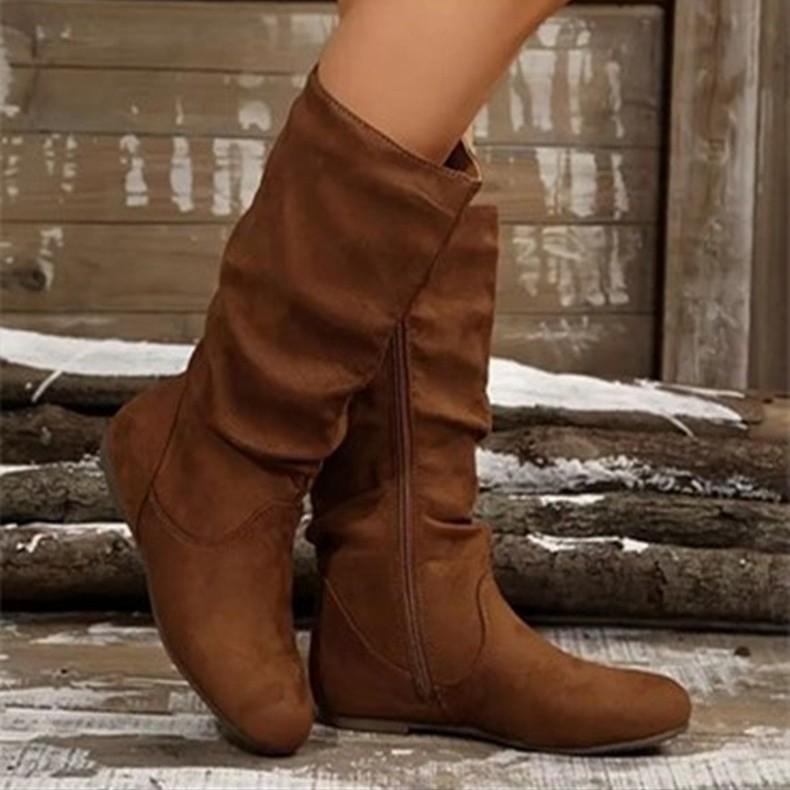 Women's Boots Side Zipper Mid Calf Boots Fashion Outdoor Suede Casual Shoes Round Toe Flat Boots