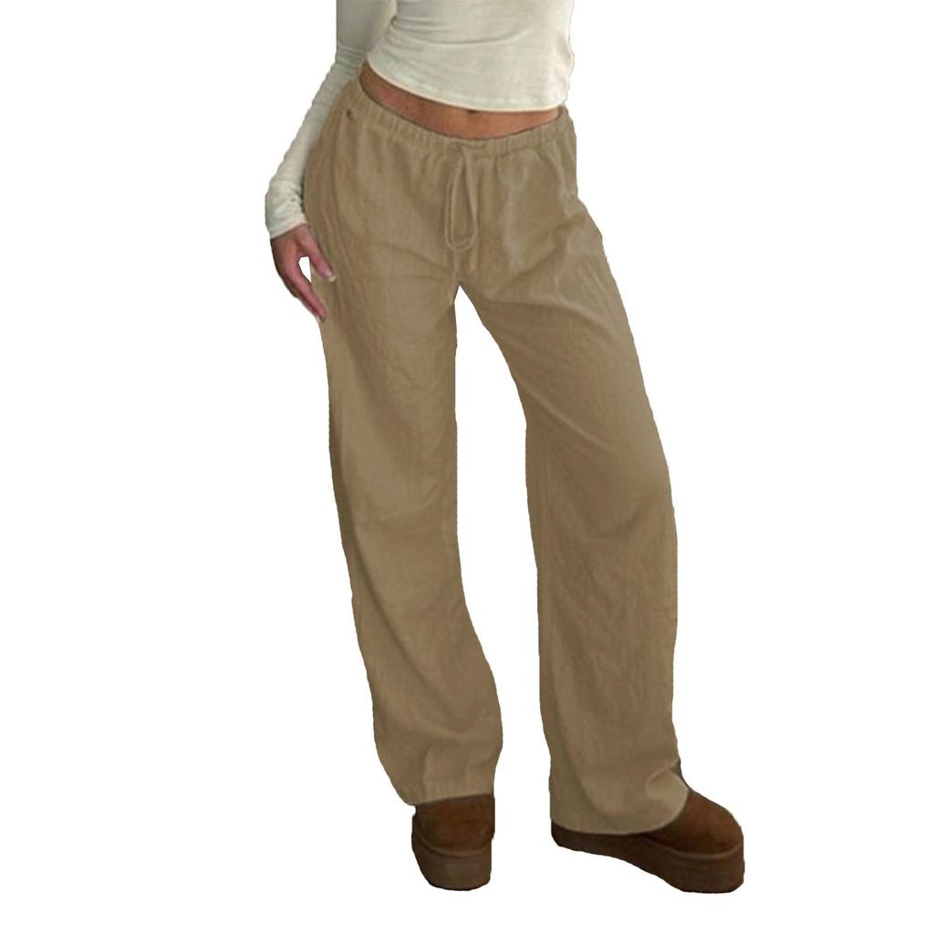 Women's Low-rise Loose Wide-leg Casual Cotton And Linen Drawstring Straight Casual Trousers