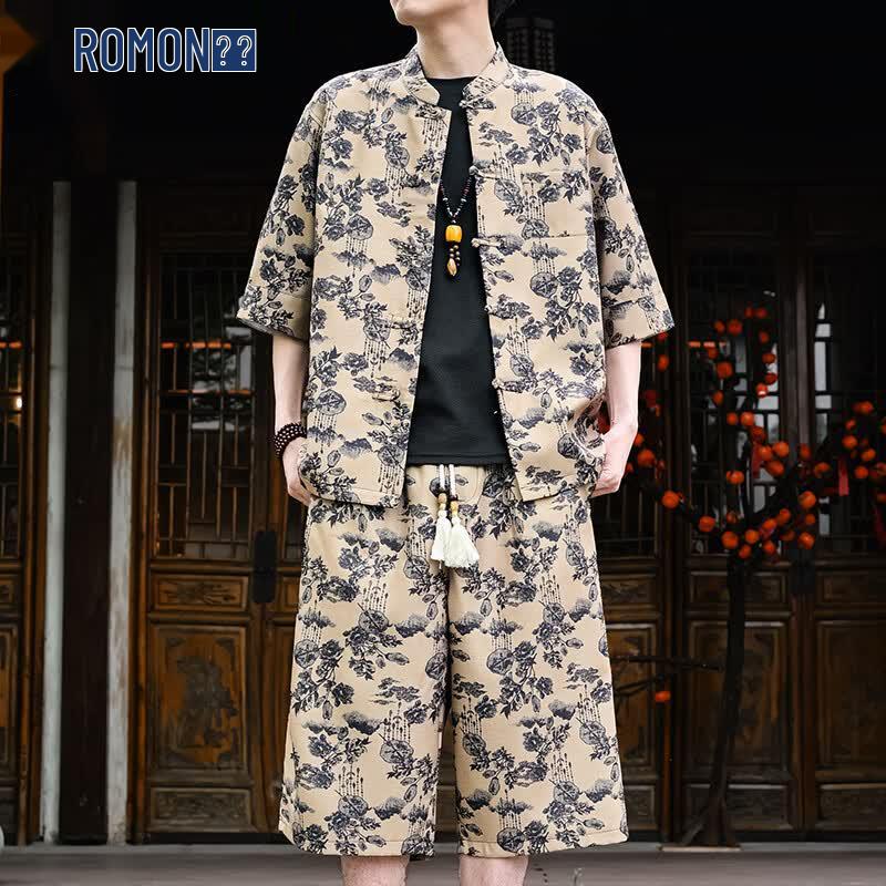 ROMON Men s New Chinese Style Floral Print Linen Short-Sleeve Shirt Set XL