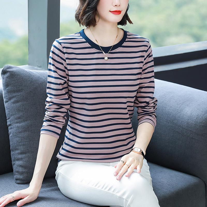 Plus Size Loose-Fit Cotton Striped Long-Sleeve T-Shirt for Middle-Aged & Elderly Women