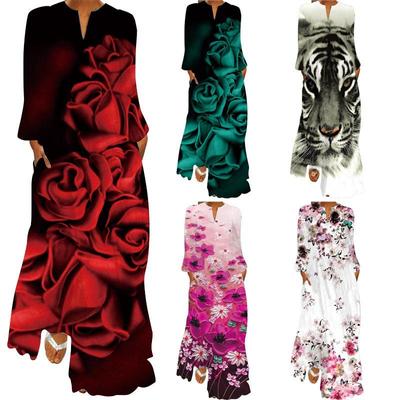 2024 Spring/Summer Women's V-Neck Long Sleeve Pocket Print Dress
