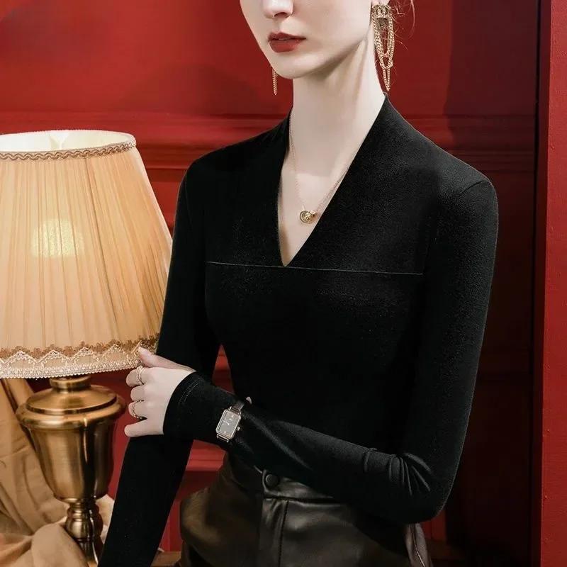 2025 V-neck Brushed Solid Color Bottoming Long-sleeved T-shirt Women's Slim Autumn Style Versatile Top