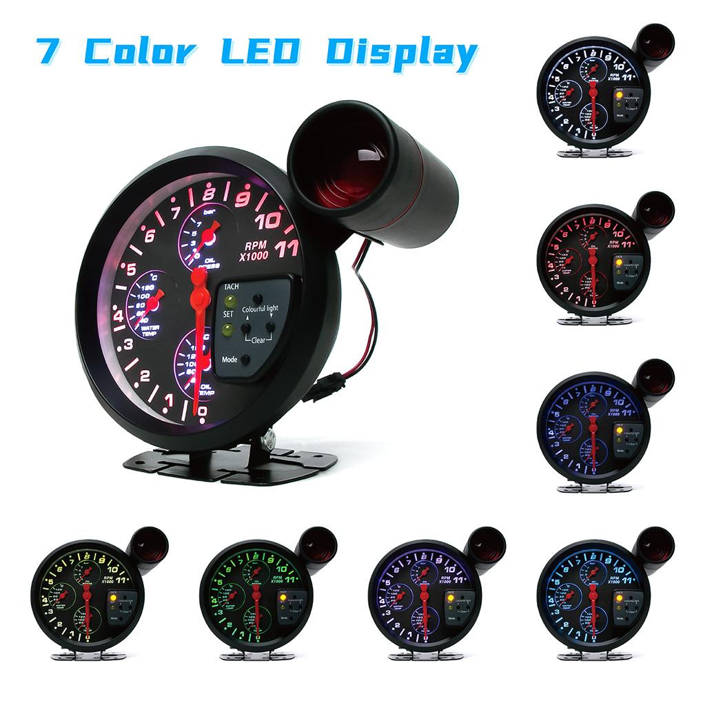 12V 5" Car Gauge 4-in-1 Tachometer Water Temperature Oil Temperature Oil Pressure Gauges Multifunctional Gauge Alarm Function