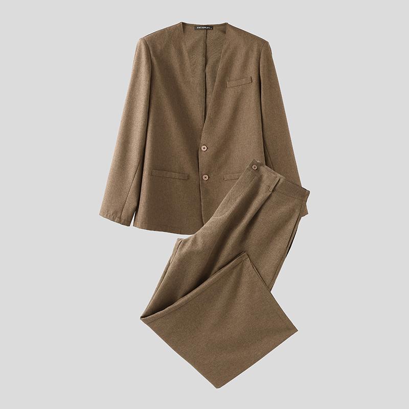 INCERUN Two Pieces Outfits Men Long Sleeve Thin Blazer Long Straight Pants Loose Sets