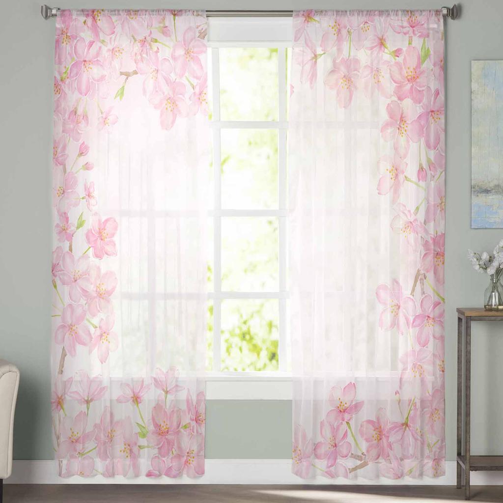 Cortinas de Tule com Borda de Flor de Cerejeira em Aquarela para Sala de Estar, Quarto, Hotel, Decoração de Luxo, Cortinas Transparentes