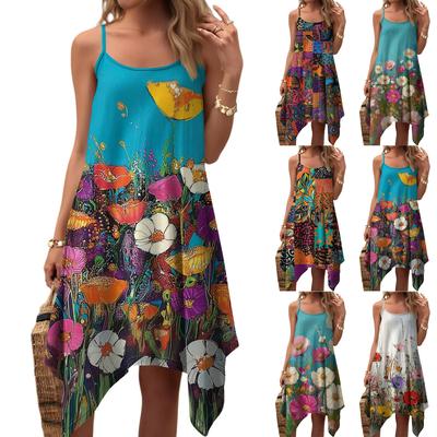 Damen Sommer Casual Vintage Blumenmuster Rundhals Verstellbares Trägerkleid mit Taschen