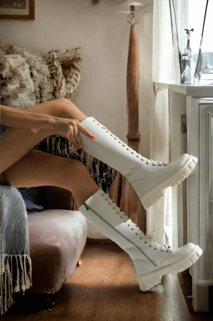 Women Modern Stylish Fashion Boots Boots Faux Leather Duksy Beige Lace-Up Side Zipper Casual Boots