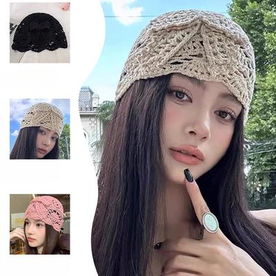 Hand-knitted Bow Hollow Knitted Head Hat Thin Breathable Women's Pull Out Hat Showing Face Small Wool Pile Hat
