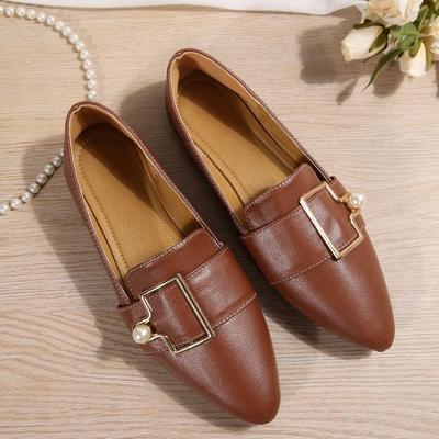 Fashion Women Flat Shoes Chaussures De Femme Solid Color Basic Simple Style Large  Square Head Comfortable Pearls Loafers