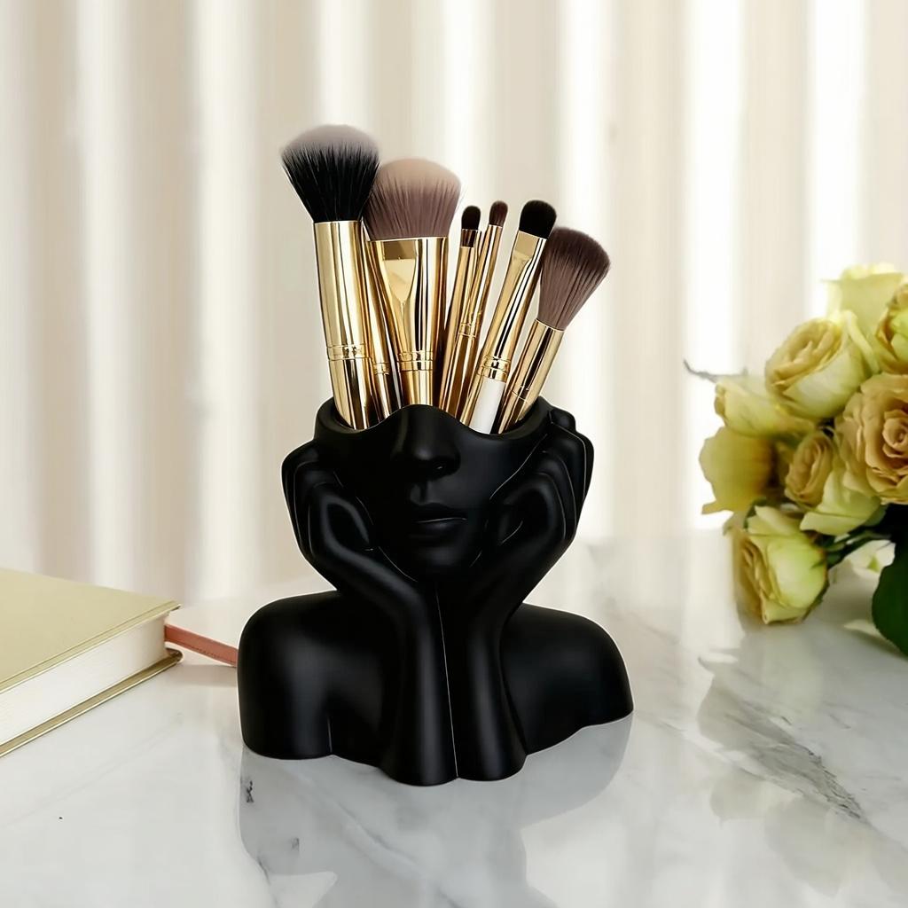 1pc Facial Styling Makeup Brush Holder | Black and White PVC Makeup Storage Box Designed for Women/Ladies' Faces - Lightweight and Portable, Suitable