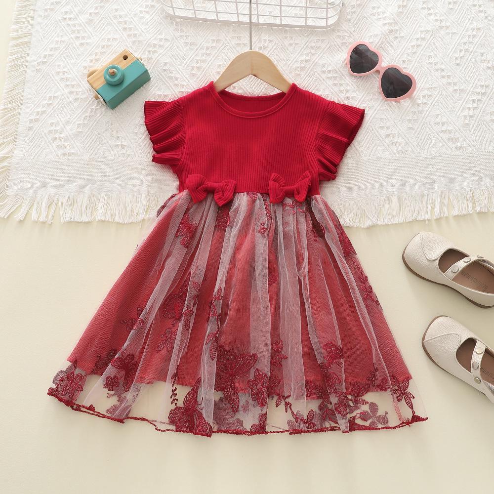 

Korean Baby Girls Butterfly Embroidery Flutter Sleeve Red Mesh Knit Dress 4Y/110 красный