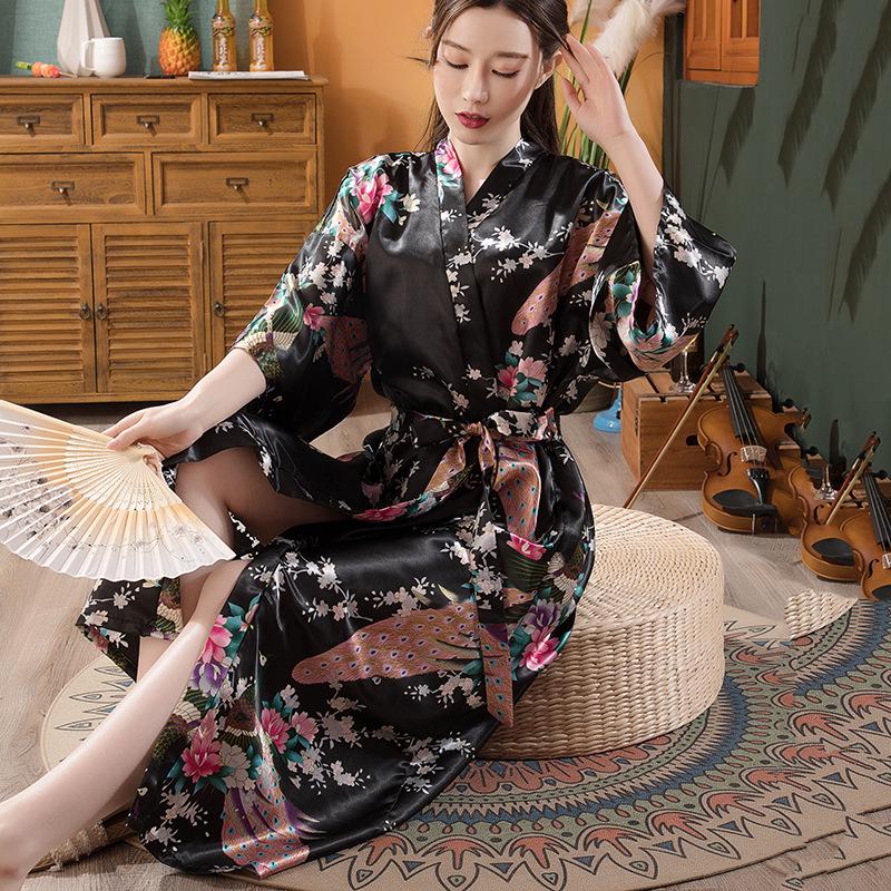 Women's Japanese-Style Satin Kimono Bathrobe with Peacock Design