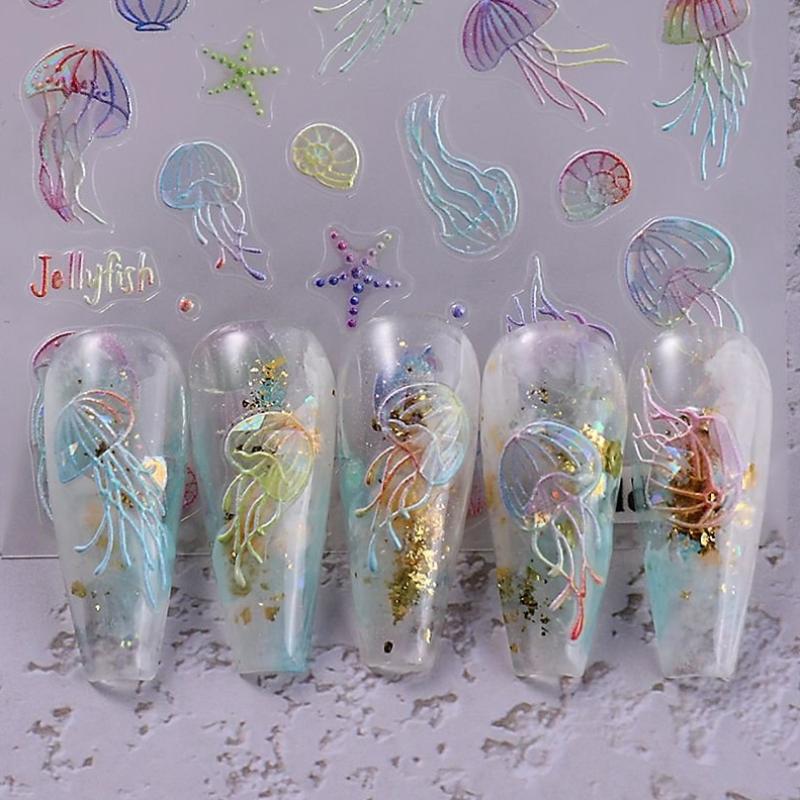 Jellyfish Summer Beach Nail Stickers Colorful Shell Starfish Conch Fish Adhesive Sliders Embossed Decals Manicure Foils Decor