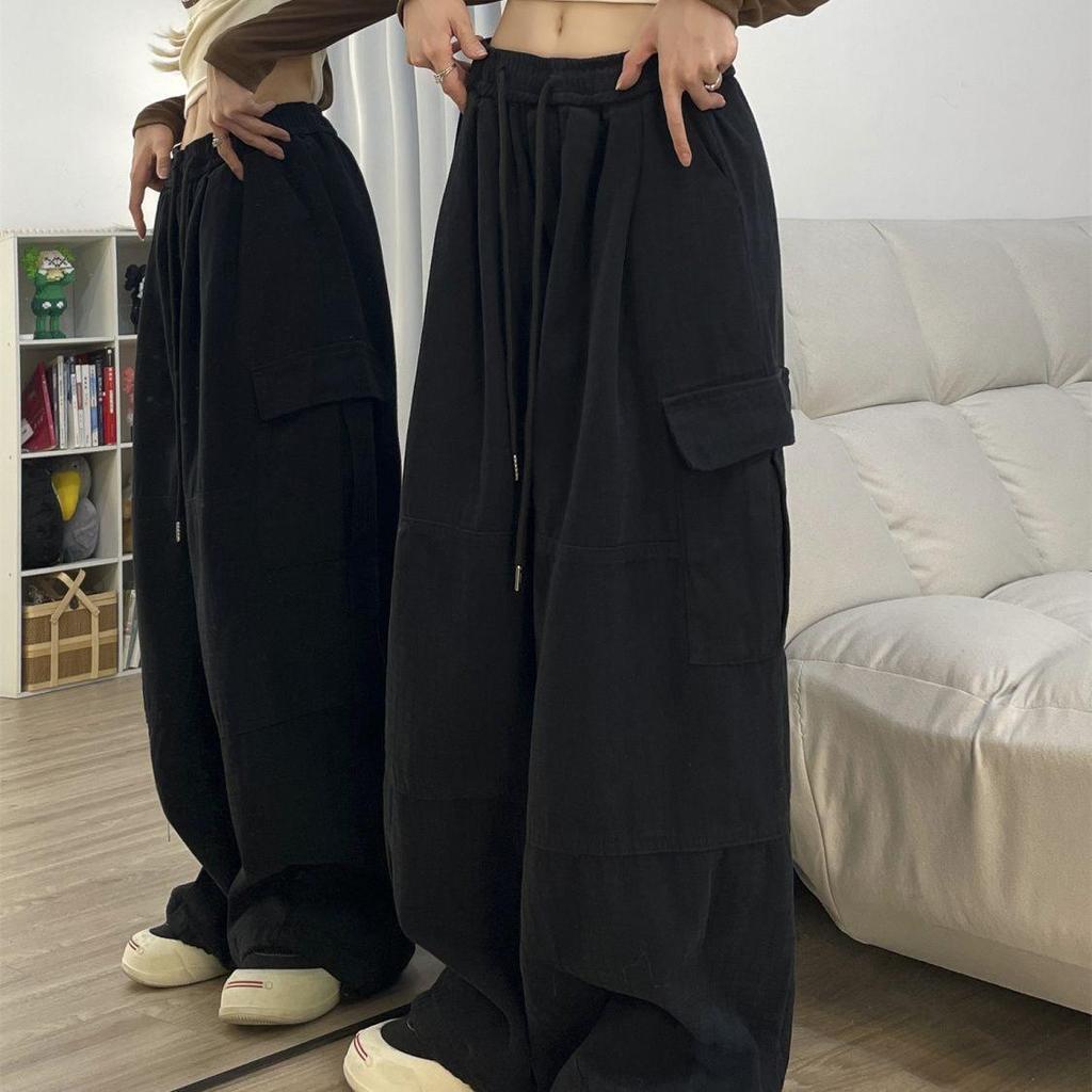 American Spicy Girl Women's Hip Hop Joggers - Spring/Autumn, Loose Fit, Multi-Pocket, Wide Leg, Slimming Casual Pants