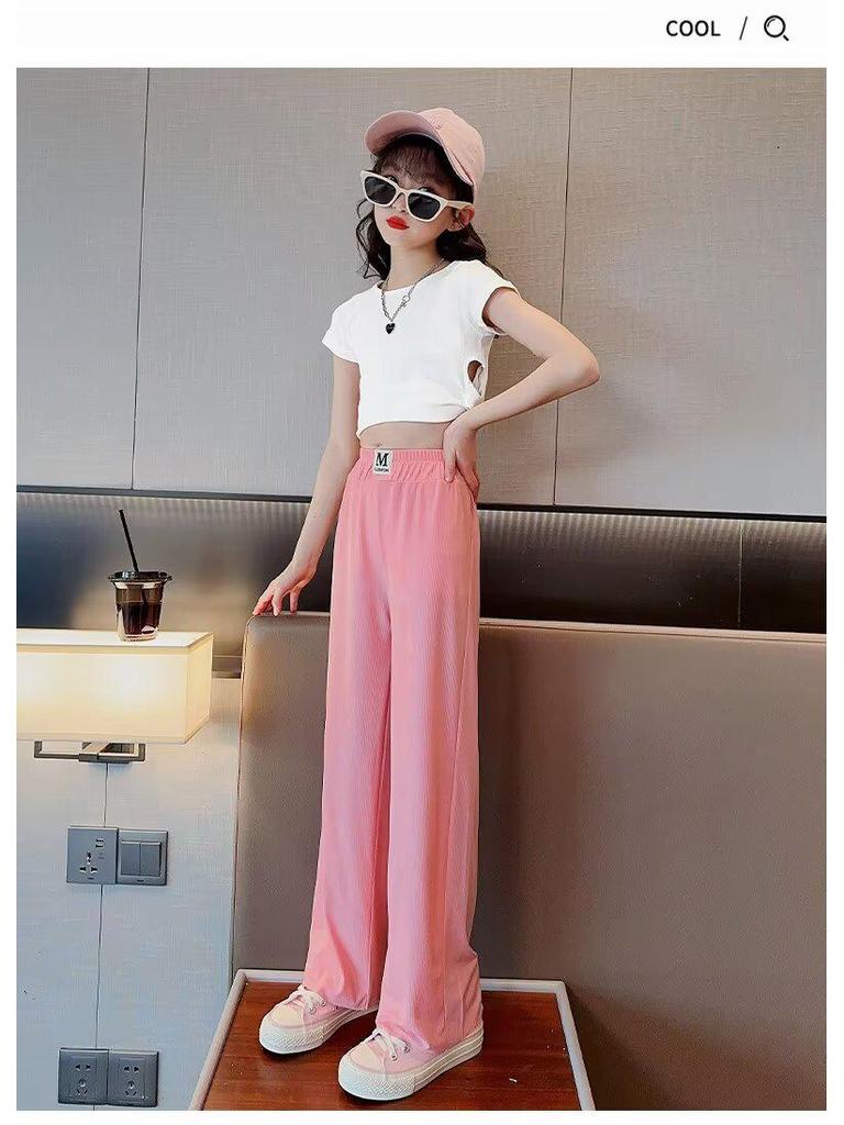 2024 Girls' Summer Ice Silk Straight-Leg Pants - Thin, Loose, Long-Leg Design for Big Kids
