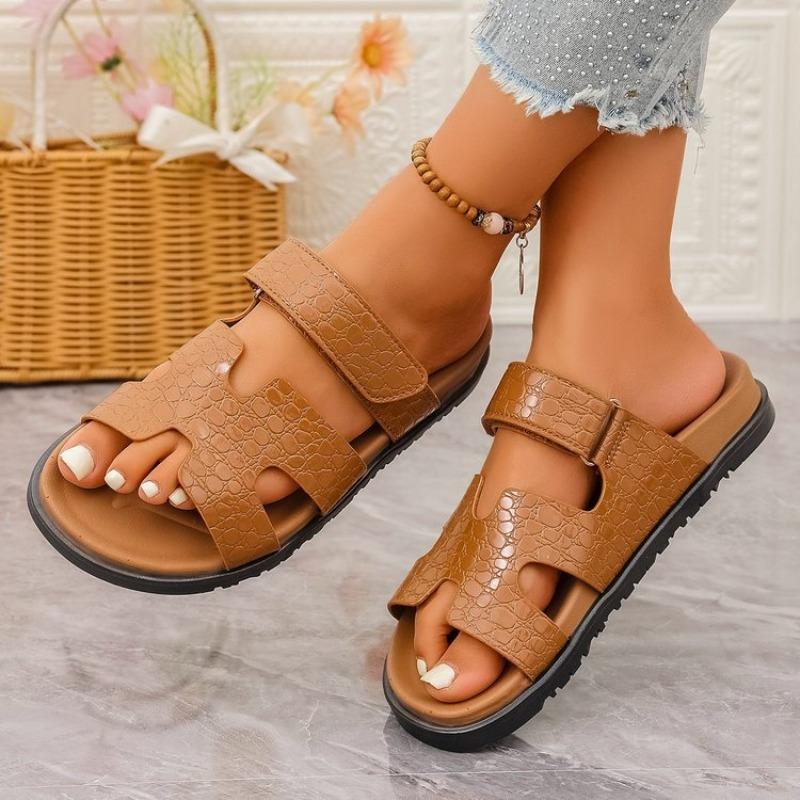 Summer New Slippers Women's Thick Bottom Word Velcro Solid Color Slippers