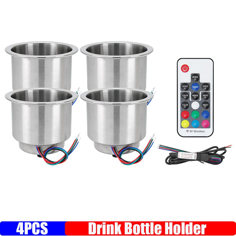 ZMFJH 4X Marine Boat Stainless Steel Recessed Cup Shape Drink Holder with 12V LED Light  7 Color LED Controller Drain Cup Holder 4PCS