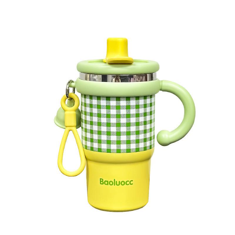 Karierte 600ml Edelstahl-Kaffeetasse mit Henkel und Auslaufsicherem Deckel für den Arbeitsweg